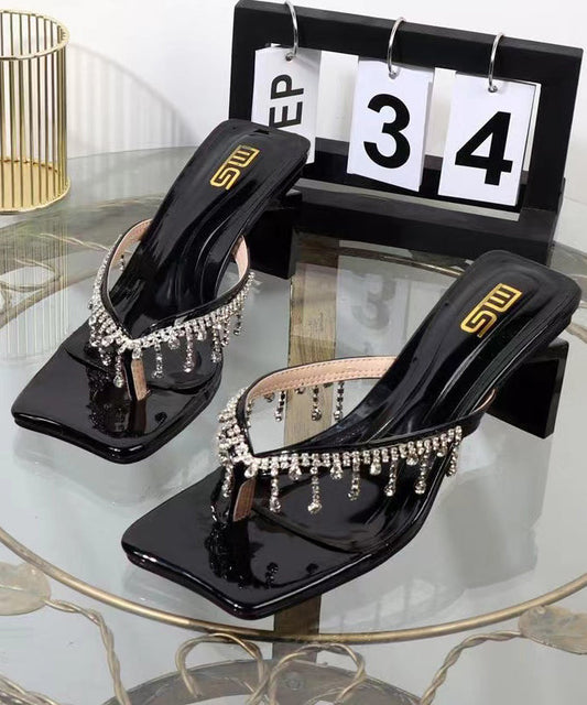 Black Zircon Tassel Fashion Chunky Heel Thong Sandals XC1005 Ada Fashion