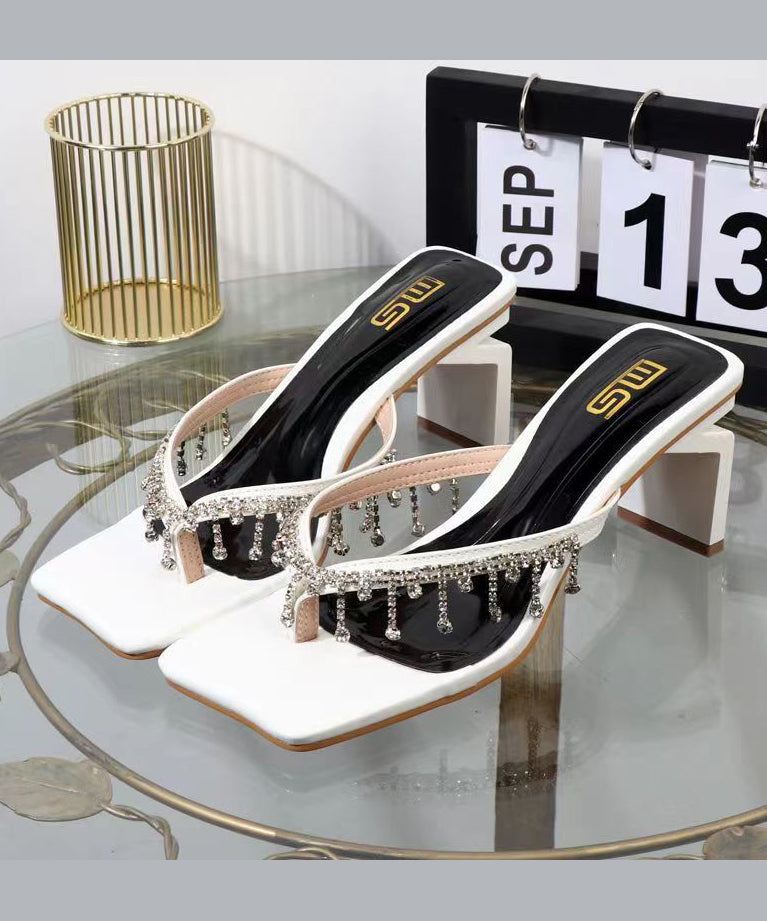 Black Zircon Tassel Fashion Chunky Heel Thong Sandals XC1005 Ada Fashion