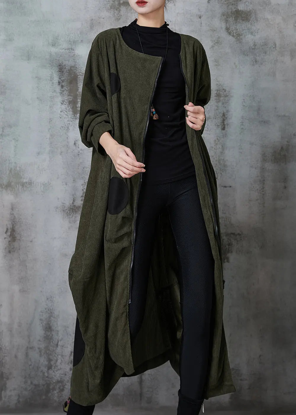 Blackish Green Dot Cotton Trench Coat Asymmetrical Spring Ada Fashion