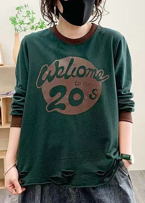 Blackish Green Hole Cotton Top O Neck Long Sleeve AU1037 MZF-240903