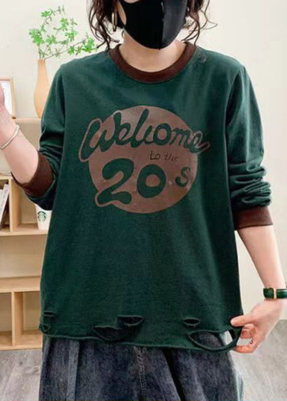 Blackish Green Hole Cotton Top O Neck Long Sleeve AU1037 MZF-240903