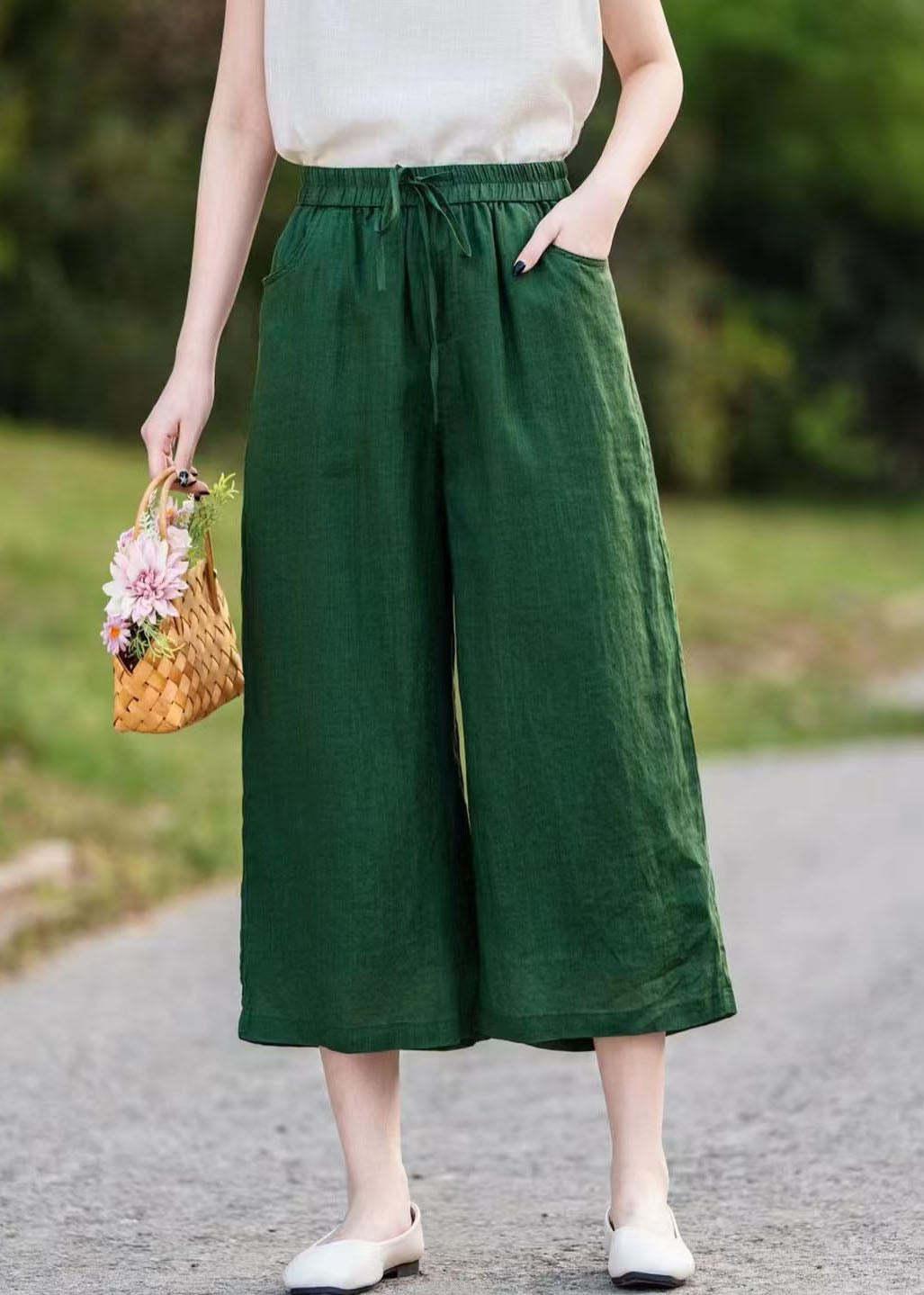 Oversized Green Blackish Summer Straight Pants Linen FashionChic