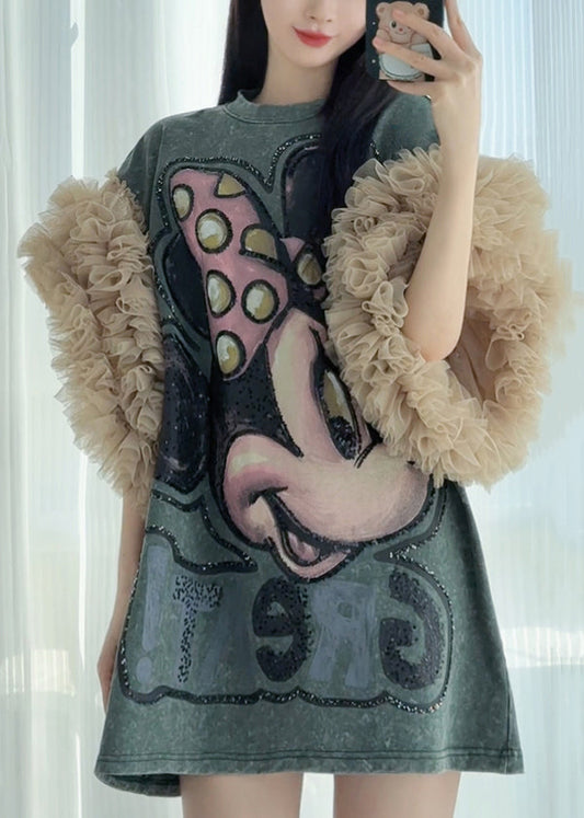 Print Patchwork Dress Tulle Summer Blackish Shirt Ruffled Green T FashionChic