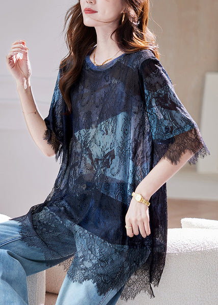 Summer Hollow Lace Out T-Shirt 2025 Patchwork Blue Black FashionChic
