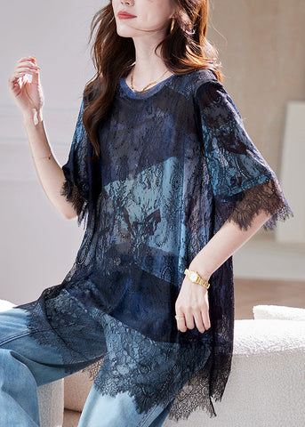 Summer Hollow Lace Out T-Shirt 2025 Patchwork Blue Black FashionChic