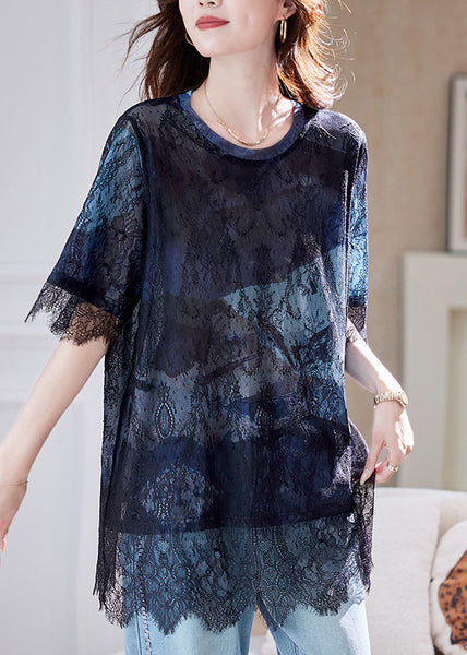 Summer Hollow Lace Out T-Shirt 2025 Patchwork Blue Black FashionChic