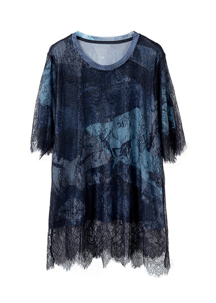 Summer Hollow Lace Out T-Shirt 2025 Patchwork Blue Black FashionChic
