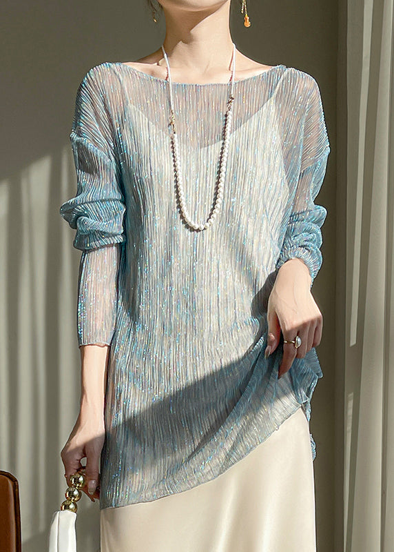 Blue Bright Silk Cozy Tulle Top O Neck Long Sleeve AB1009 Genistyle Shop