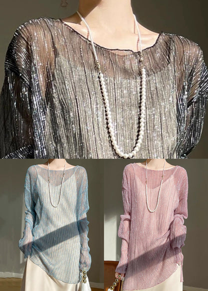 Blue Bright Silk Cozy Tulle Top O Neck Long Sleeve AB1009 Genistyle Shop