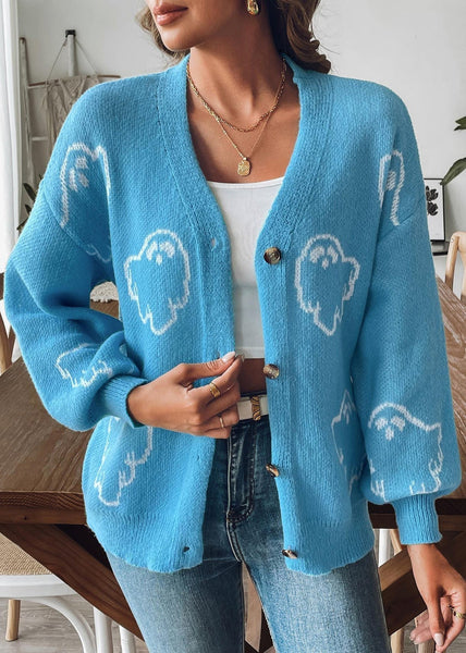 Blue Button Cozy Knit Coat V Neck Long Sleeve AE1006 OM-HW240901