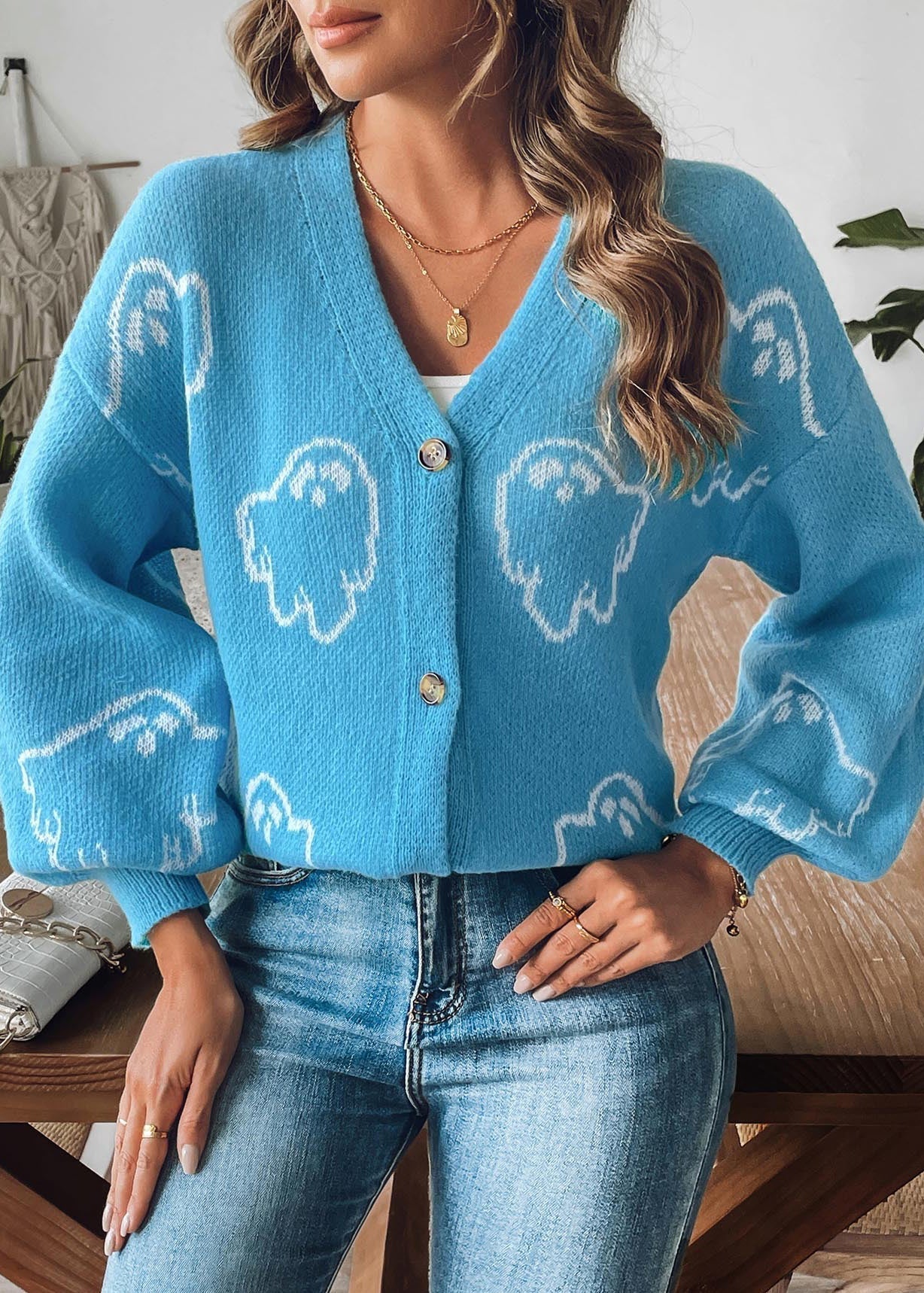 Blue Button Cozy Knit Coat V Neck Long Sleeve AE1006 OM-HW240901