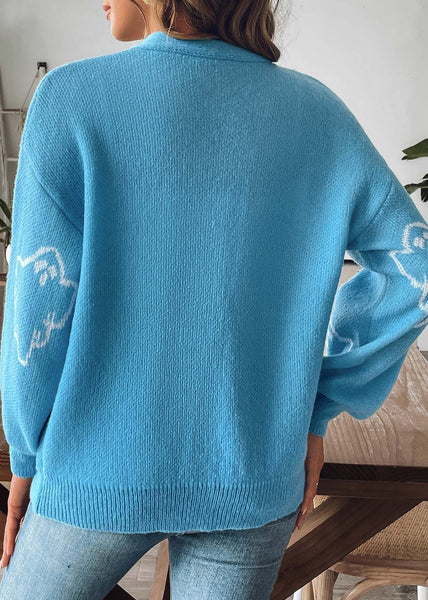 Blue Button Cozy Knit Coat V Neck Long Sleeve AE1006 OM-HW240901