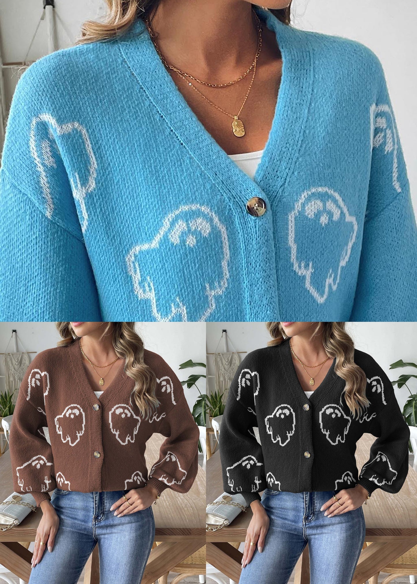 Blue Button Cozy Knit Coat V Neck Long Sleeve AE1006 OM-HW240901