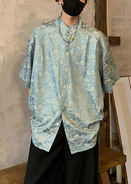 Blue Button Ice Silk Men Shirts Stand Collar Half Sleeve YT077 Men-Silk-MENSTP240721