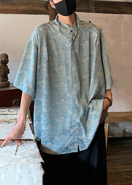 Blue Button Ice Silk Men Shirts Stand Collar Half Sleeve YT077 Men-Silk-MENSTP240721