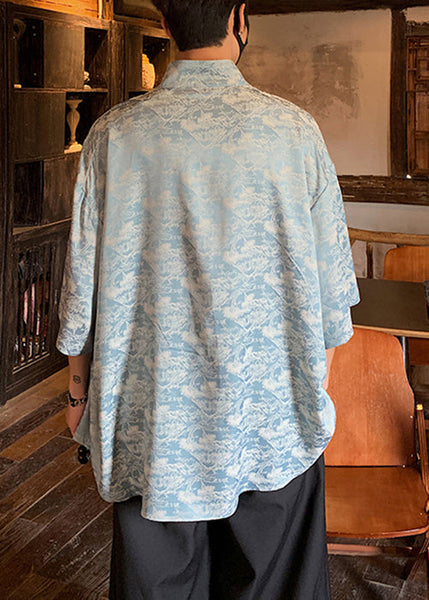 Blue Button Ice Silk Men Shirts Stand Collar Half Sleeve YT077 Men-Silk-MENSTP240721