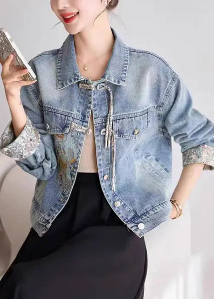 Blue Button Patchwork Denim Coats Peter Pan Collar Spring Ada Fashion