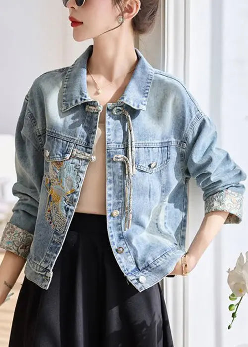 Blue Button Patchwork Denim Coats Peter Pan Collar Spring Ada Fashion