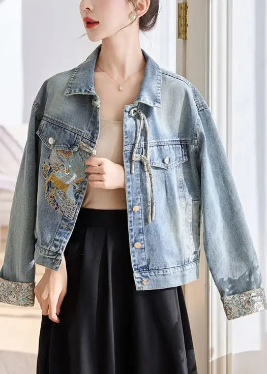 Blue Button Patchwork Denim Coats Peter Pan Collar Spring Ada Fashion