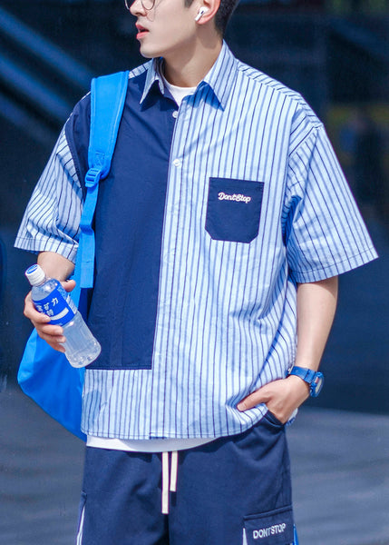 Pockets Asymmetrical Summer Men Cotton Shirts Blue Button FashionChic