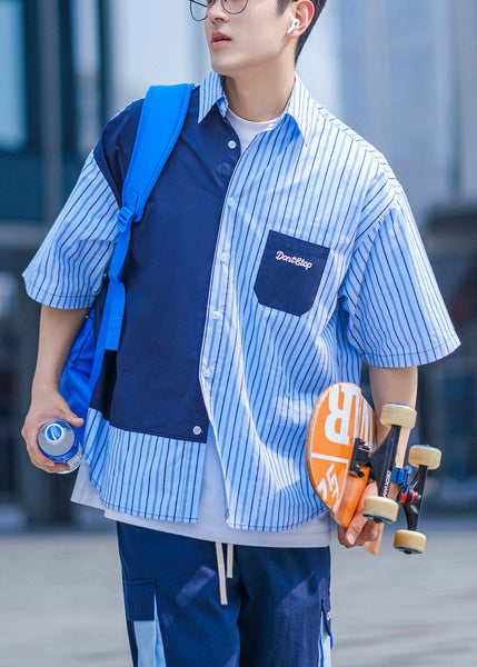 Pockets Asymmetrical Summer Men Cotton Shirts Blue Button FashionChic