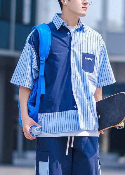 Pockets Asymmetrical Summer Men Cotton Shirts Blue Button FashionChic