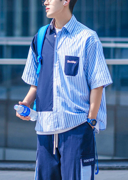 Pockets Asymmetrical Summer Men Cotton Shirts Blue Button FashionChic