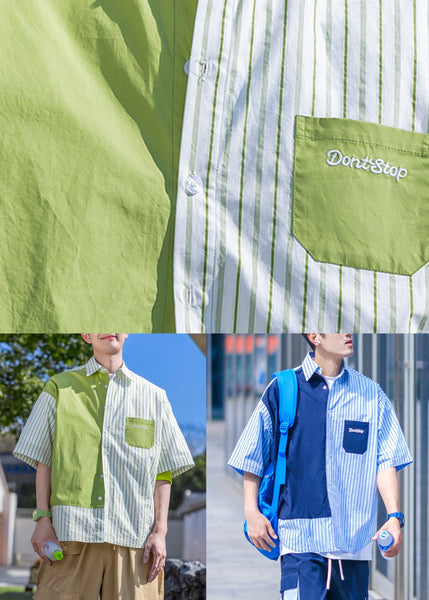 Pockets Asymmetrical Summer Men Cotton Shirts Blue Button FashionChic