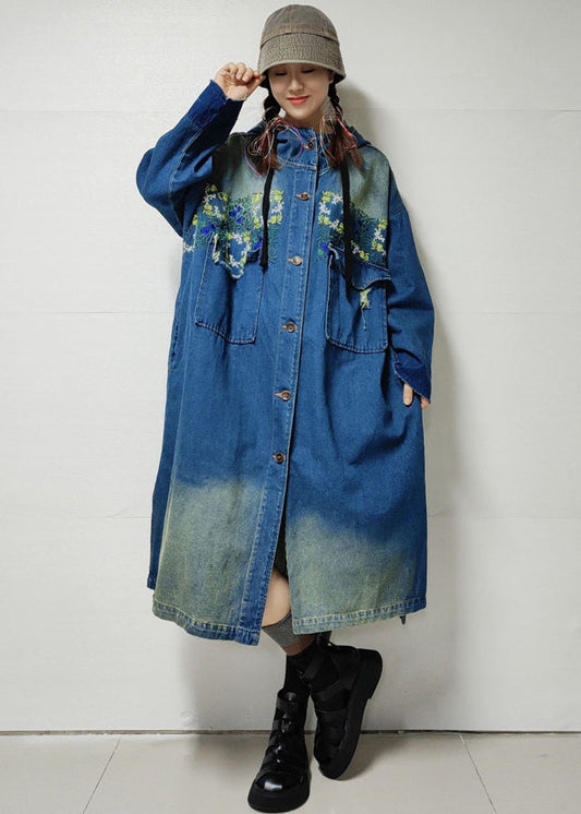 Blue Button Pockets Denim Trench Coat Embroidered Long Sleeve MN060 MMDM-TCT240704