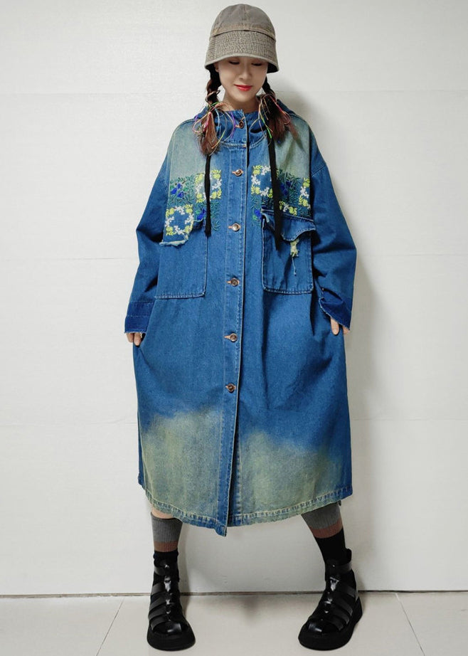 Blue Button Pockets Denim Trench Coat Embroidered Long Sleeve MN060 MMDM-TCT240704