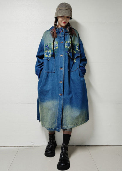 Blue Button Pockets Denim Trench Coat Embroidered Long Sleeve MN060 MMDM-TCT240704