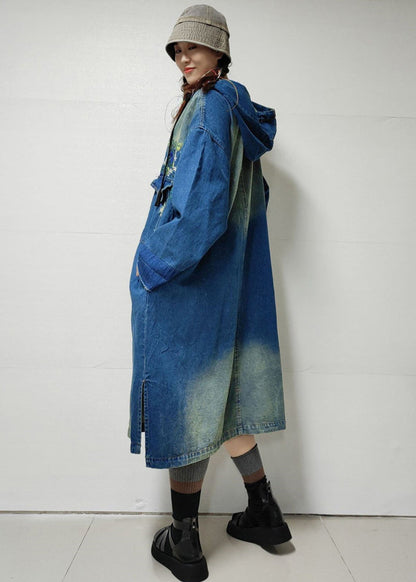 Blue Button Pockets Denim Trench Coat Embroidered Long Sleeve MN060 MMDM-TCT240704