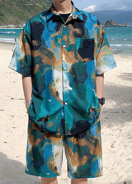 Blue Button Pockets Ice Silk Mens 2 Pieces Peter Pan Collar Summer HG042 Men-Silk-MENTS240725