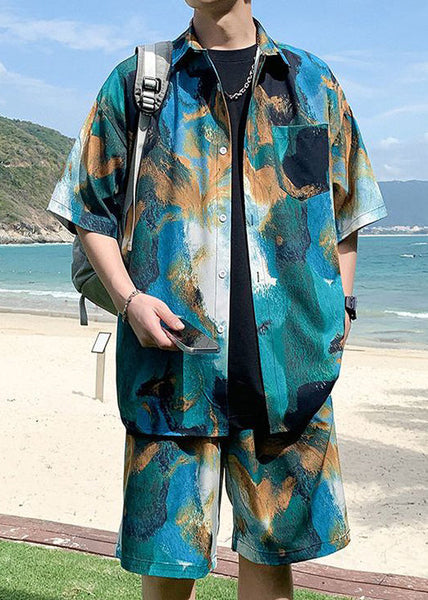 Blue Button Pockets Ice Silk Mens 2 Pieces Peter Pan Collar Summer HG042 Men-Silk-MENTS240725