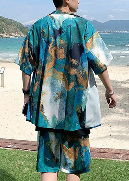 Blue Button Pockets Ice Silk Mens 2 Pieces Peter Pan Collar Summer HG042 Men-Silk-MENTS240725