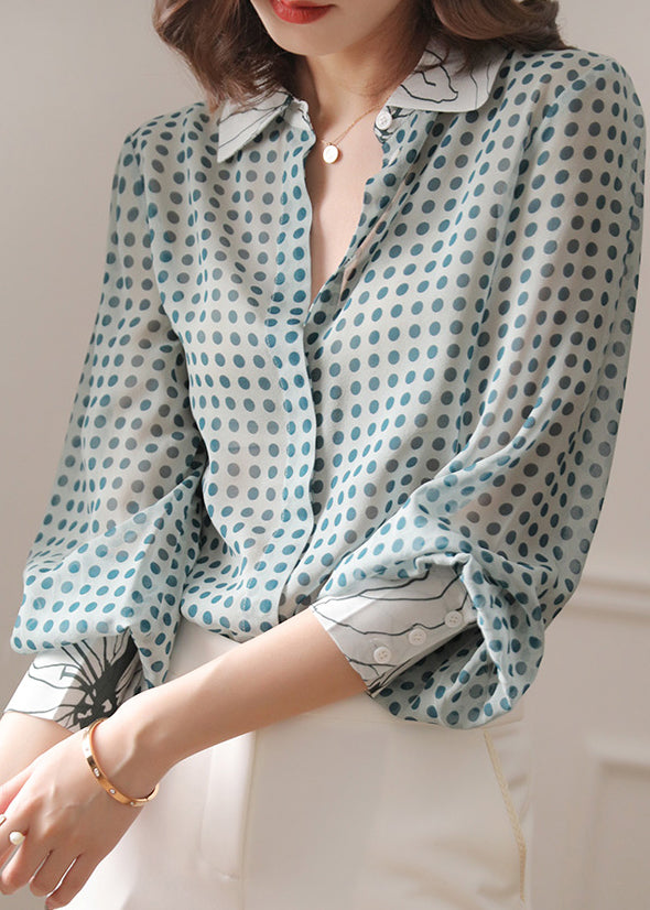 Blue Button Print Chiffon Shirt Peter Pan Collar Long Sleeve Ada Fashion