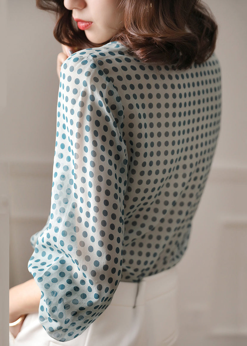 Blue Button Print Chiffon Shirt Peter Pan Collar Long Sleeve Ada Fashion