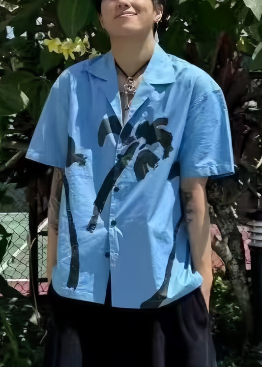 Print Collar Cotton Blue Summer Pan Peter Men Button Shirts FashionChic