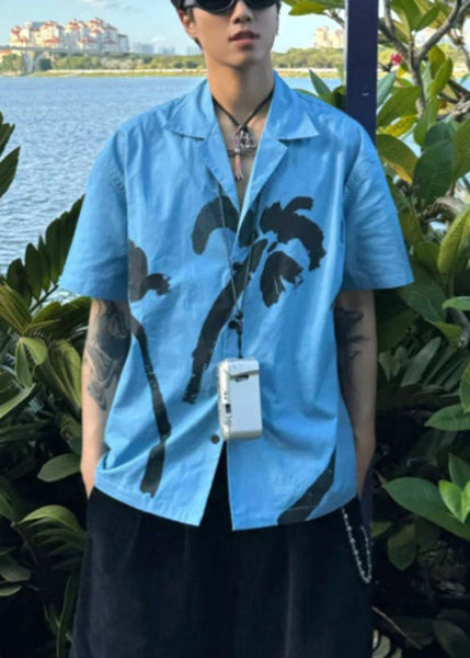 Print Collar Cotton Blue Summer Pan Peter Men Button Shirts FashionChic