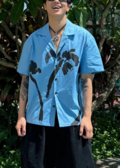 Print Collar Cotton Blue Summer Pan Peter Men Button Shirts FashionChic