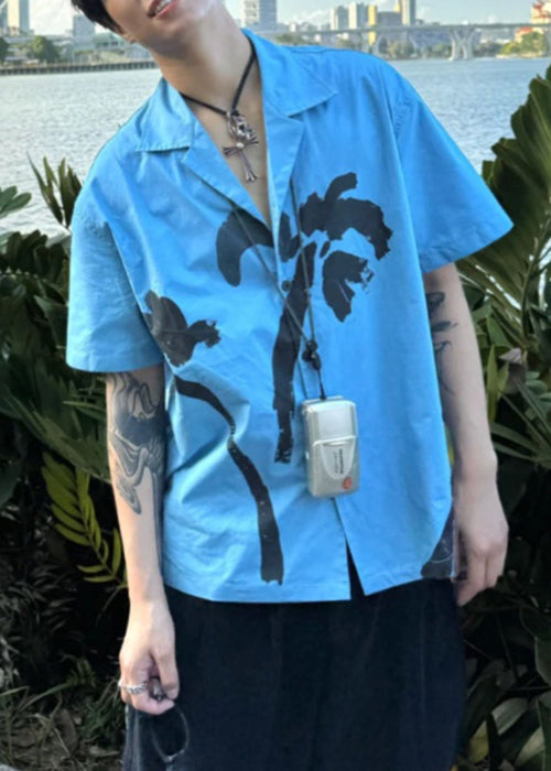 Print Collar Cotton Blue Summer Pan Peter Men Button Shirts FashionChic