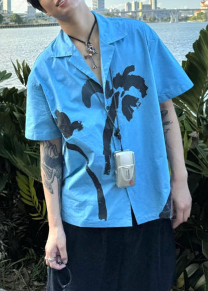 Print Collar Cotton Blue Summer Pan Peter Men Button Shirts FashionChic