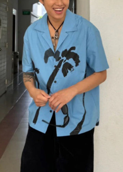 Print Collar Cotton Blue Summer Pan Peter Men Button Shirts FashionChic