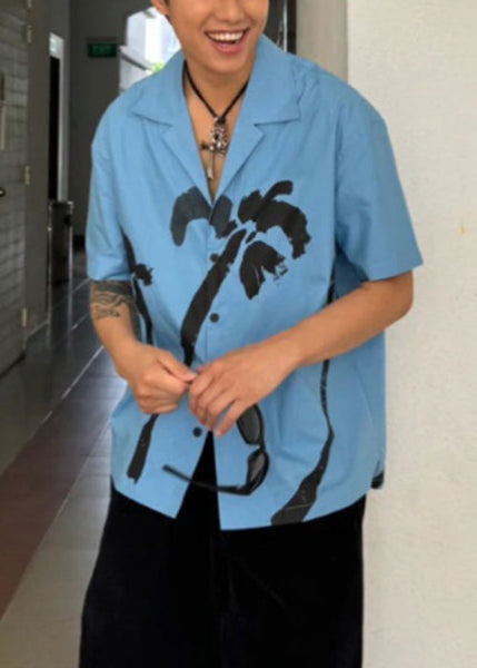 Print Collar Cotton Blue Summer Pan Peter Men Button Shirts FashionChic