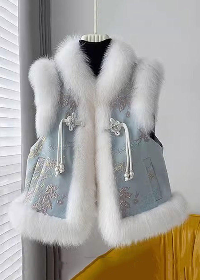 Blue Chinese Button Patchwork Cotton Filled Waistcoat Fur Collar Winter RZ032 ABC