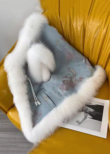 Blue Chinese Button Patchwork Cotton Filled Waistcoat Fur Collar Winter RZ032 ABC