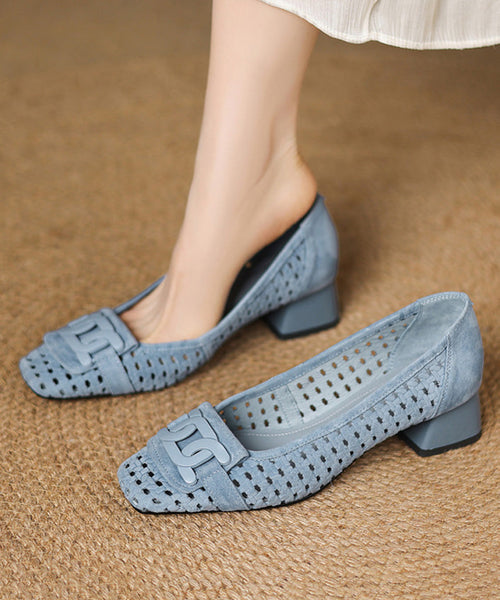 Out Elegant Heels Splicing Suede Hollow Blue Chunky FashionChic