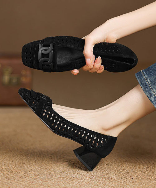 Out Elegant Heels Splicing Suede Hollow Blue Chunky FashionChic