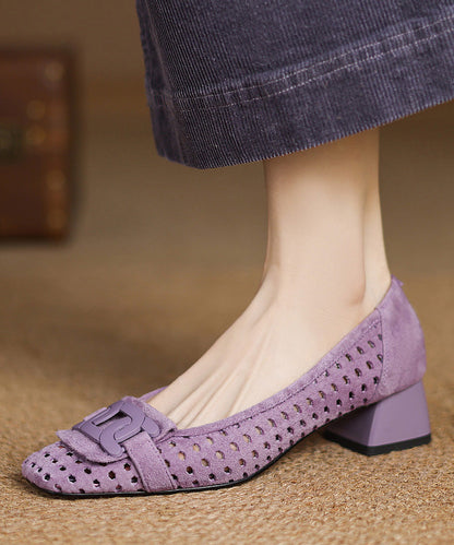 Out Elegant Heels Splicing Suede Hollow Blue Chunky FashionChic