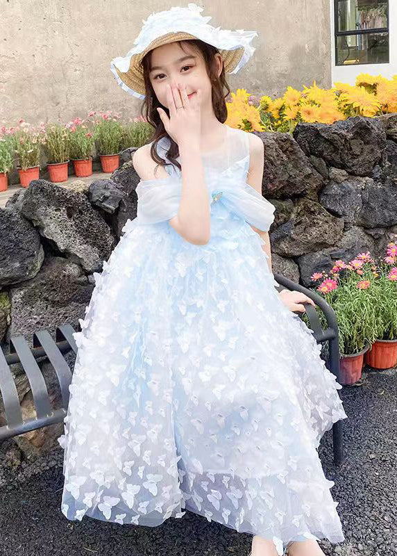 Blue Cold Shoulder Solid Tulle Girls Summer Long Dress Butterfly TT034 WS-JRTZSDGL240817